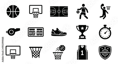 Basketball sport icon set. Ball, court, hoop and equipment vector silhouettes