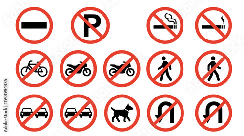 Collection of various traffic prohibition signs and warning symbols