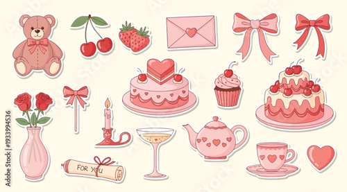 Valentines day themed pink and red sweet treats and decorations with teddy bear on cream background