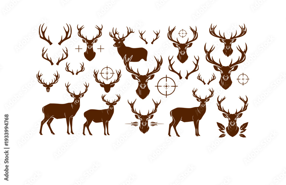 Obraz premium Trophy Hunting Deer Vector Set - Black Silhouette Illustrations, Wildlife Graphics, Deer Antler , Hunting Trophy Design Elements