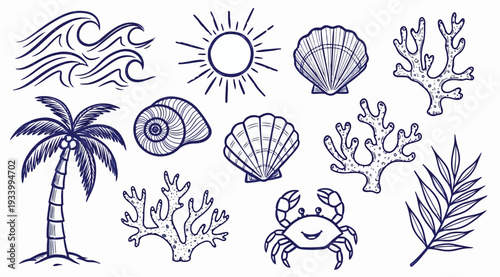 Collection of various beach and sea icons including palm tree, crab, coral, shells, and sun isolated on white background