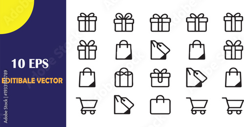 Set of ten editable vector icons icon, vector, editable, shopping, bag, cart, ribbon, paper, plastic, and gift boxes.