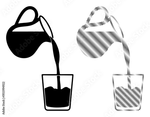 Liquid poured from pitcher into glass, presented in solid and halftone styles