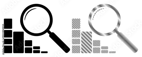 Magnifying glass examining declining bar graph, symbolizing analysis and research.