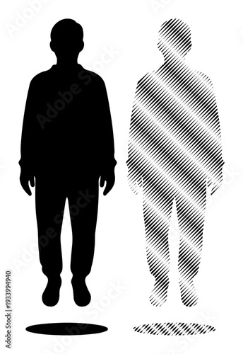 Two human silhouettes, one solid black and one with a textured pattern, representing duality and identity.