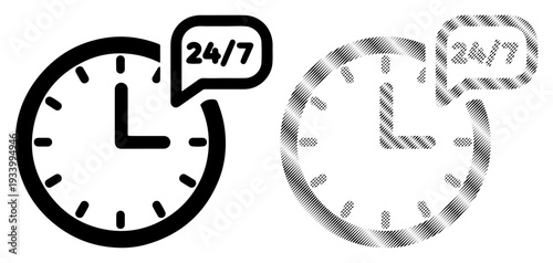 Clock with 24/7 service symbol, representing constant availability and support.