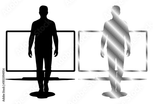 Two silhouettes of men standing in front of blank screens, one solid black, the other reflective.