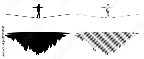 Silhouette of a person balancing on a tightrope with a shadowy abyss below.