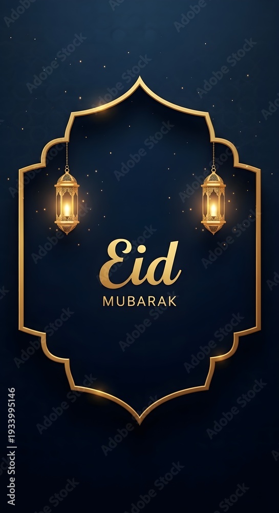 Fototapeta premium Elegant eid mubarak greeting with gold lanterns on dark background