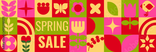 Spring sale banner, flyer. Geometric background with colorful spring blossom flowers, sun, leaves, butterfly.