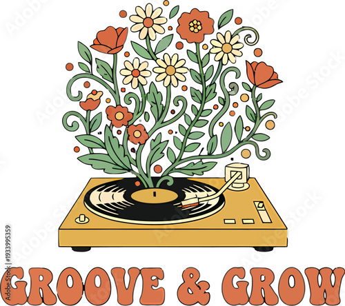 Retro Turntable with Blooming Flowers and 'Groove & Grow' Text Vector