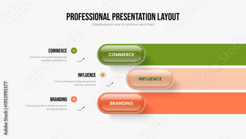 Company Report 3 Step Diagram Slide Layout. Investor Introduction Slideshow Design Vector Illustration. Consulting Profile Three Option Infographic Presentation Template.