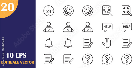 Set of twenty editable vector icons featuring clock, time, help,gear, settings, magnifying, glass, and document symbols