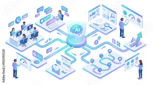 AI-Powered Business: Isometric Team Collaboration, Data Analysis, and Growth