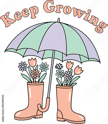 Keep Growing text with pastel umbrella and flowers in rain boots vector
