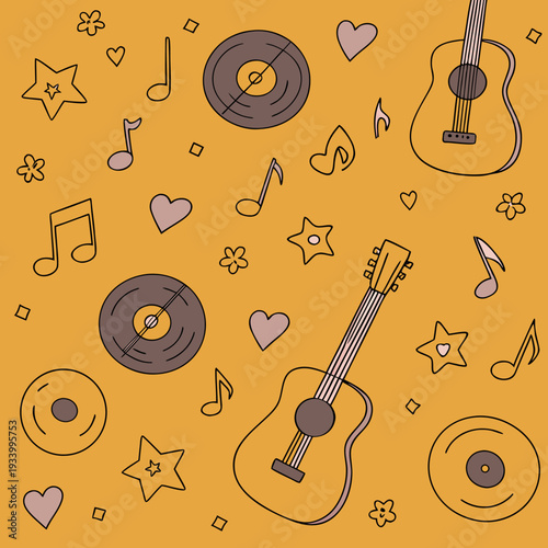 Seamless Music Pattern with Hand Drawn Guitars, Vinyl Records, and Musical Notes
