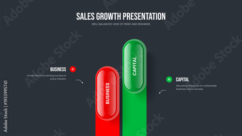 Company Report Two Element Infographic Slide Design. Modern Strategy Frame Layout Vector Illustration. Consulting Solution 2 Step Diagram Presentation Template.
