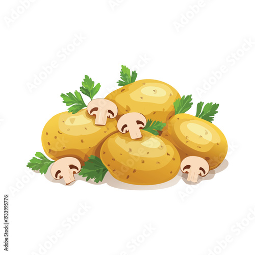 Potatoes with mushrooms and parsley illustration on white