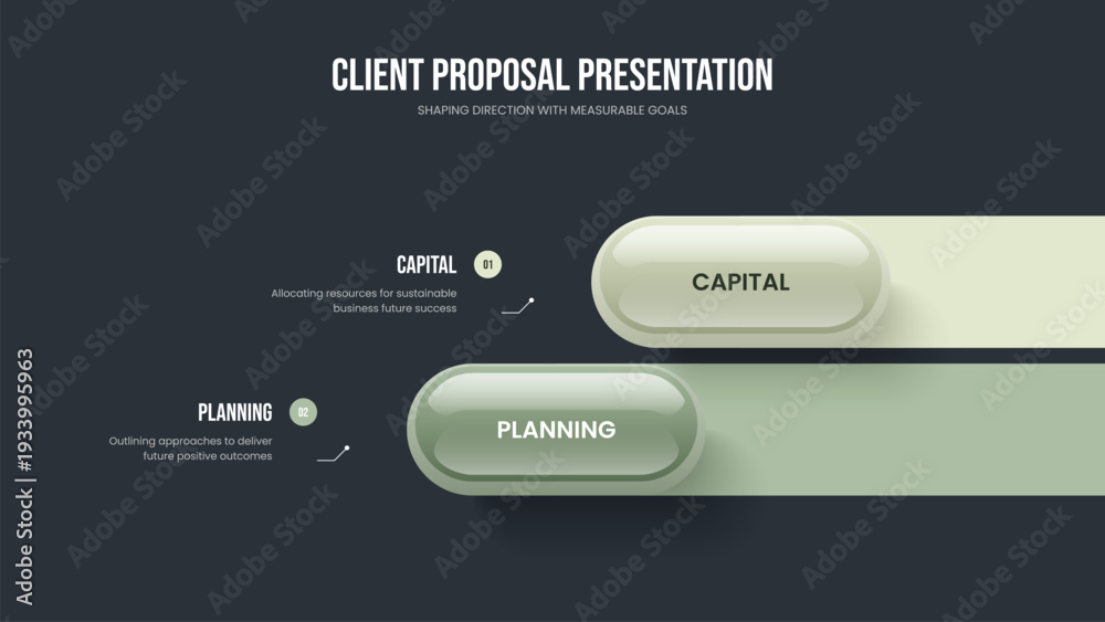 Fototapeta premium Service Briefing 2 Step Infographic Frame Design. Consulting Overview Slide Template Vector Illustration. Financial Analysis Two Element Diagram Slideshow Layout.