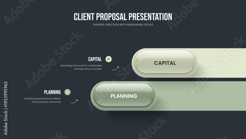 Service Briefing 2 Step Infographic Frame Design. Consulting Overview Slide Template Vector Illustration. Financial Analysis Two Element Diagram Slideshow Layout.