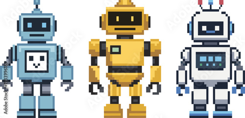 Various Cute Pixel Art Robots Set with Different Colors and Designs for Retro Video Game Graphic Illustration