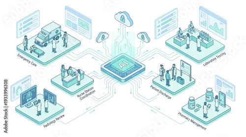 AI-Powered Hospital Operations Isometric Illustration: Healthcare Technology Concept