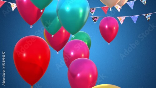 Happy birthday congratulation video with multi-colored balloons flying up and confetti falling down. Anniversary celebration animation