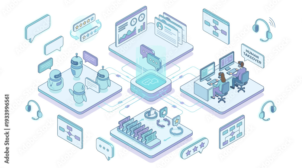 Fototapeta premium Isometric AI Chatbots & Human Agents, Customer Service Automation, Business Technology Concept