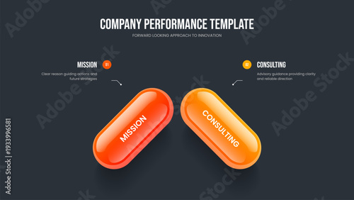 Company Analysis Presentation Layout Vector Illustration. Creative Profile 2 Step Diagram Slide Design. Consulting Showcase Two Option Infographic Frame Template.
