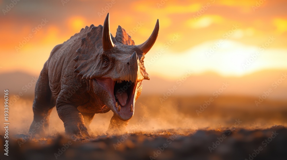 Fototapeta premium This image captures a powerful dinosaur, possibly a Triceratops, in a breathtaking sunset setting, showcasing the raw beauty of prehistoric creatures and nature's splendor.
