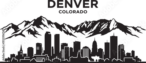 Denver Colorado city skyline with mountains silhouette