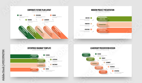 Service Analysis 5 3 4 Element Infographic Slide Layout Bundle. Financial Solution Five Three Four Step Diagram Slideshow Design Vector Illustration Set.