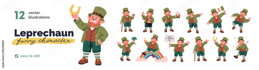 custom made wallpaper toronto digitalCute leprechaun, St. Patrick day character. Irish holiday mascot set. Happy funny elf, fairytale dwarf in hat, with beer, shamrock, Ireland flag. Flat vector illustration isolated on white background