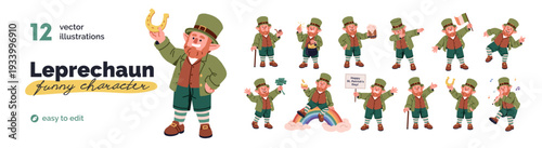 Cute leprechaun, St. Patrick day character. Irish holiday mascot set. Happy funny elf, fairytale dwarf in hat, with beer, shamrock, Ireland flag. Flat vector illustration isolated on white background
