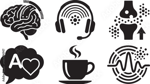 Neuro-Technology, Brain-Computer Interface (BCI) and Neural Engineering Fluid Organic Icon Set Vector Illustration