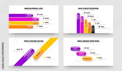 Sales Analysis Four Five Two Three Step Diagram Presentation Design Vector Illustration Set. Professional Performance 4 5 2 3 Element Infographic Frame Template Collection.