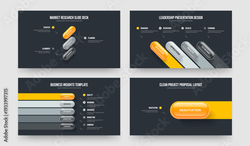 Business Development Three Four Five One Step Infographic Presentation Template Vector Illustration Bundle. Market Review 3 4 5 1 Element Diagram Slide Design Set.