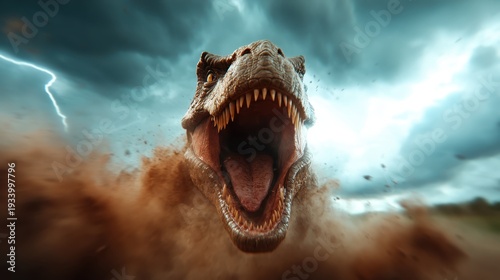 An aggressive dinosaur, roaring amidst clouds of dust, symbolizes raw power and prehistoric strength, captivating those fascinated by the age of giants and ancient life.