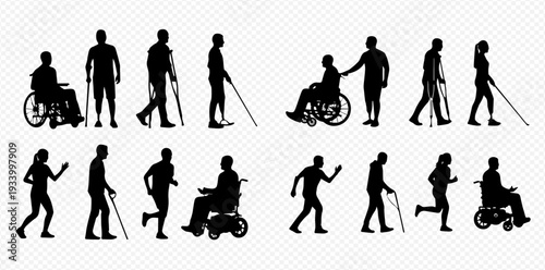 Silhouettes of disabled people with various mobility aids, including wheelchairs, crutches, and walking sticks, illustrating support and independence.