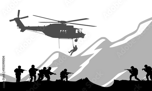 Silhouette of Military Helicopter Hoisting Soldier with Armed Combat Team on Mountain Terrain, Depicting Special Forces Rescue Operation and War Concept