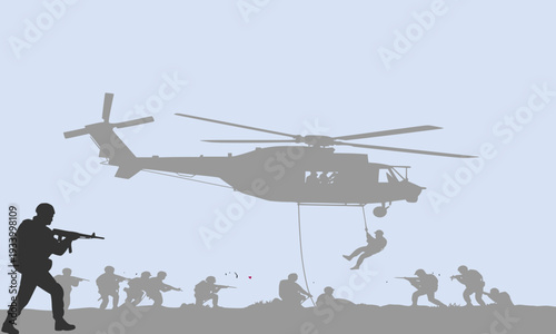 Silhouette of Large Military Helicopter with Soldier Rappelling Down While Armed Combat Team Engages on Ground Against Light Blue Sky, Depicting Special Forces War Operation Concept