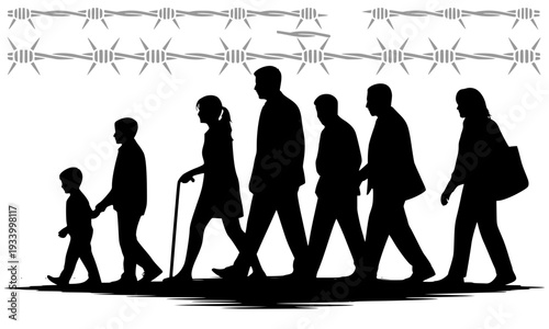 Silhouette of Refugee Family Group Walking Under Barbed Wire Border, Depicting Migration, Immigration Crisis, Displacement and Human Rights Awareness Concept