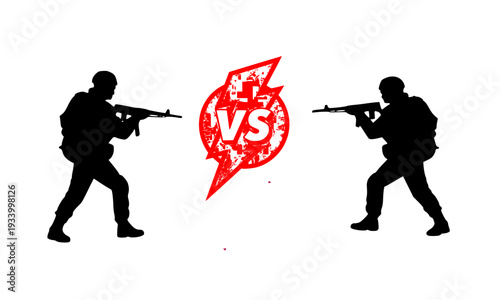 Two Military Soldier Silhouettes Facing Each Other with Red VS Versus Battle Icon in the Middle, Depicting Combat, War and Competition Concept