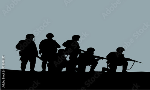 Silhouette of Military Soldiers Squad Standing with Rifles and Weapons Against Sky Background, Depicting War, Army and Armed Forces Concept
