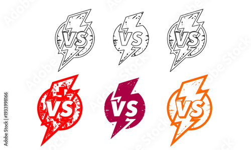Set of VS Versus Battle Icons with Lightning Bolt Design in Outline, Red Grunge, and Orange Styles for Competition and Sport Graphics