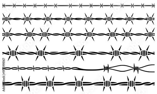 Set of Barbed Wire Border Patterns in Various Styles, Isolated Black Vector Design Elements for Security, Prison and Military Fence Concepts