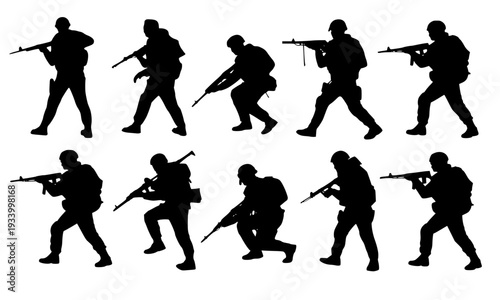 Set of Military Soldier Silhouettes in Various Combat Poses with Rifles and Weapons, Isolated Black Icons for Army, War and Defense Design