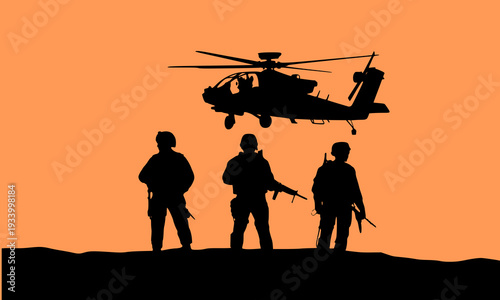 Silhouette of Military Attack Helicopter Flying Over Three Armed Soldiers Standing on Ground Against Orange Sunset Sky, Depicting Army and Special Forces Operation Concept