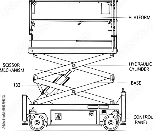Adjustable Scissor Lift Mechanism Technical Drawing - Mechanical Elevation Platform Vector