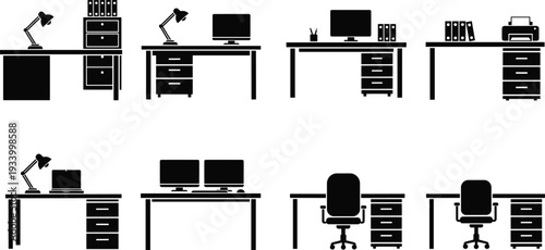 Collection of Office Desks with Computers Lamps and Storage Icons furniture